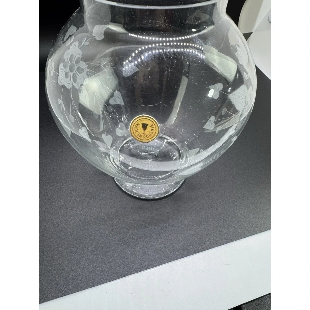 Vintage Romanian Etched Glass Vase Clear